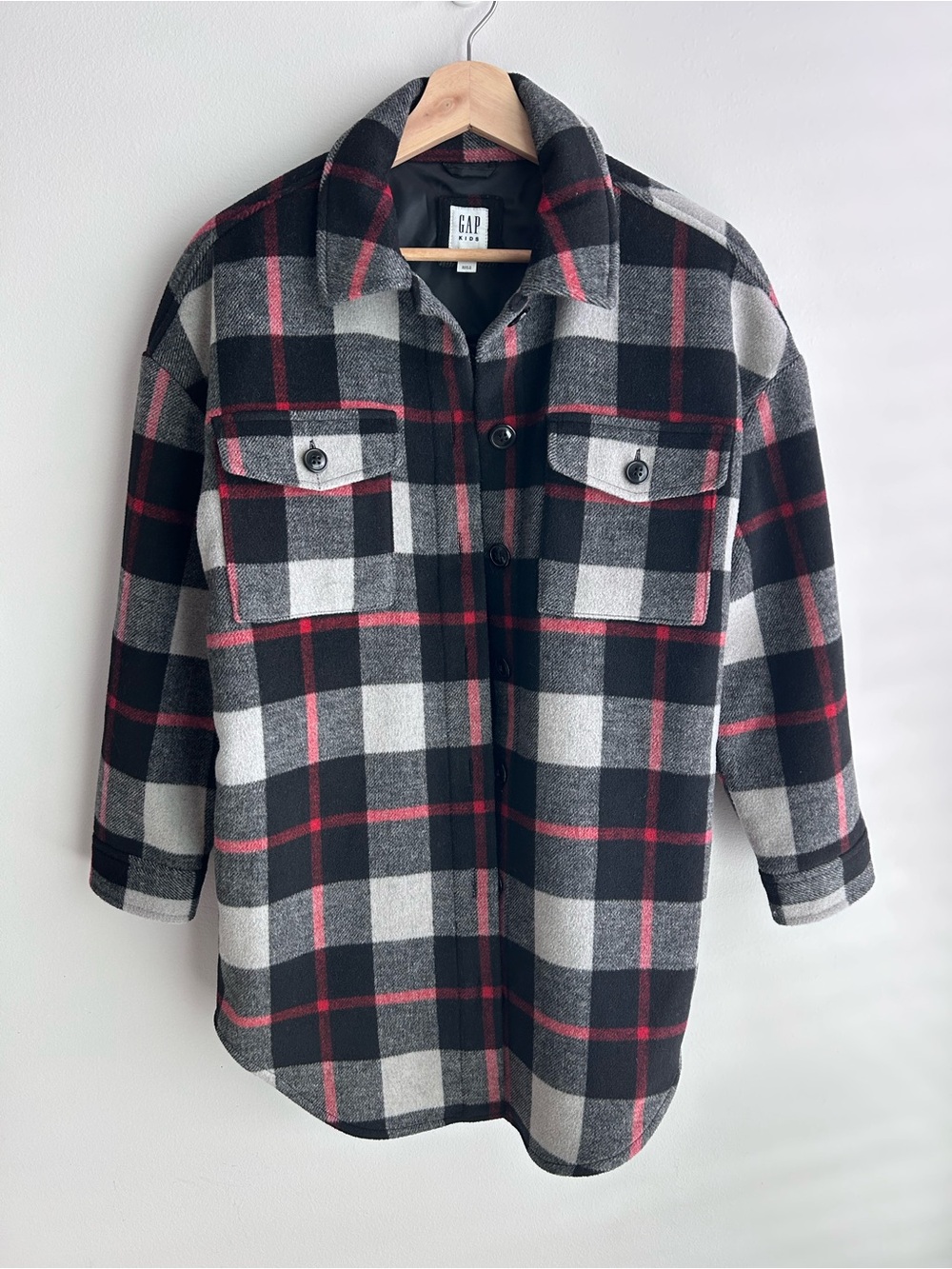 GAP Kids Black, Gray & Red Plaid Button-Down Shacket